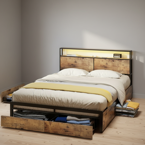 Lit double moderne avec étagère intégrée rétroéclairée, cadre en bois rustique, tiroirs de rangement, lumières LED, métal solide - Product Image 2