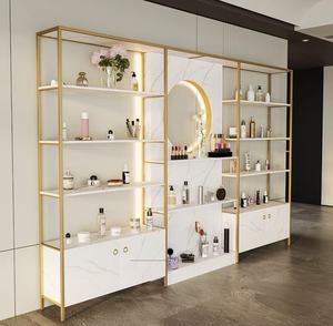 Precio al por mayor <span class=keywords><strong>Barber</strong></span>ía Salón de belleza tienda Gabinete de almacenamiento Estante de exhibición Estante de piso de madera de hierro con LED - Product Image 5