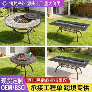 Outdoor Aluminum Fire Pit <b>Table</b> <b>Round</b> Traditional Design Heat Resistant <b>Patio</b> Furniture with Grill and Storage Shelf - Product Image 2