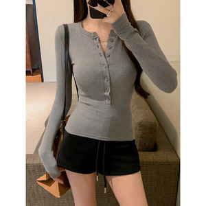 <span class=keywords><strong>T</strong></span>-<span class=keywords><strong>shirt</strong></span> pour femme, décontracté, à épaules dénudées, col rond, manches longues, uni, polyester et élasthanne, coupe ajustée, pour étudiante, nouveau printemps 2025 - Product Image 3
