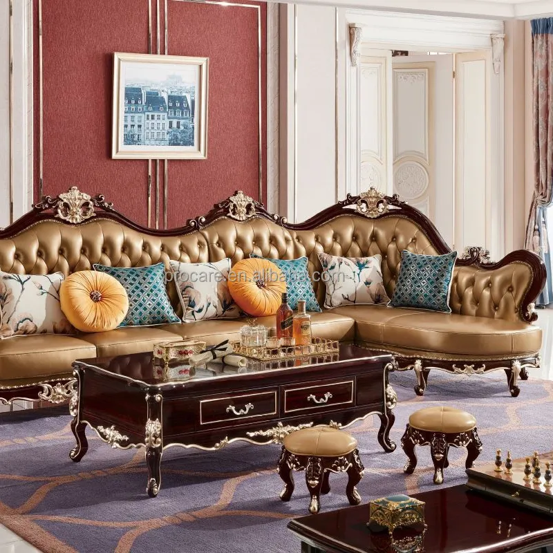 Роскошный Европейский однотонный деревянный золотой свадебный Королевский диван-диван из искусственной кожи, комбинированный угловой L-образный диван для гостиной