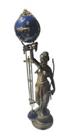 Horloge de table/étagère mécanique à balancier en laiton antique, modèle Chasseuse, avec boule mystère bleu cobalt, 8 jours de fonctionnement