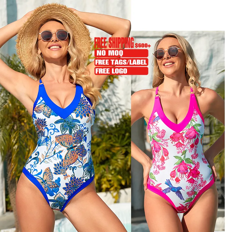 Bikini Cross Neck Beachwear Floral Swimsuit Low Waist Swimwear Hollow Out One Piece Bikini For Women