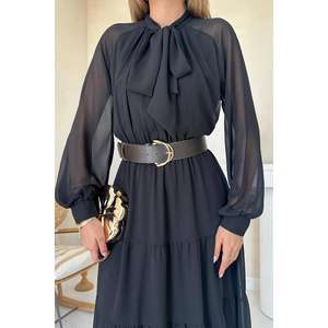 เดรสชีฟองสีดำสุดหรู คอผูก ทรงหลวม เอวธรรมชาติ ใส่ได้ทุกวัน ผ้าบางเบา โปร่งแสง สไตล์ลำลอง - Product Image 1