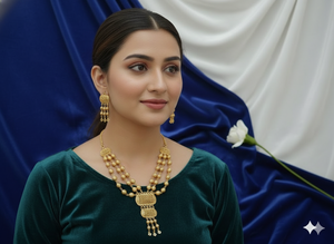 Magnifique ensemble de collier long en or uni pour femmes, bijoux ethniques anciens, perles, demi-micro-or poli, design fantaisie, à porter pour les fêtes - Product Image 2