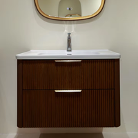 Meuble-lavabo mural cannelé avec vasque en céramique, miroir LED à cadre en bois, ensemble de meuble-lavabo flottant moderne