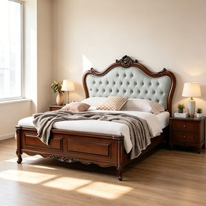 Traditional Queen Size Wood Bed Frame with Tufted Faux Leather Upholstery and Mahogany Finish - Product Image 1