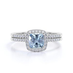 925 Sterling Silver Aquamarine Diamond Halo Engagement <b>Wedding</b> <b>Ring</b> Classic <b>Cushion</b> Cut Prong Setting Fine Silver <b>Ring</b> - Product Image 3