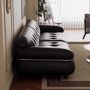 Mid Century Retro Black Top Grain Leather <b>Sofa</b> Three Seater Luxury Steel Frame For <b>Small</b> Living Room - Product Image 2
