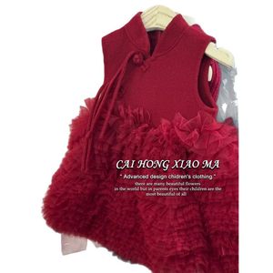 Tongxingyuan Girls Red Sleeveless Cheongsam Dress With Tulle Skirt Traditional Chinese Style Princess Dress For Autumn Winter - Product Image 5