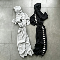 Ensemble survêtement homme hiver personnalisé, épais, délavé à l'acide, avec broderie sur les revers et strass, effet usé, comprenant sweat à capuche et pantalon de survêtement