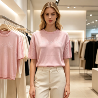 Pull décontracté brodé de haute qualité pour femme, col rond, manches courtes, couleur rose, coupe ajustée, vente en gros, OEM & ODM Theodore
