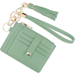 Porte-cartes femme en cuir végétalien tendance avec dragonne à pompon, porte-clés, mini portefeuille fin multi-fentes avec fenêtre d'identification et fermeture éclair, pour voyage - Product Image 2