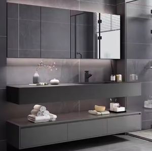 Meuble-lavabo de salle de bain en bois avec plan de travail en marbre moderne, luxueux - Product Image 6