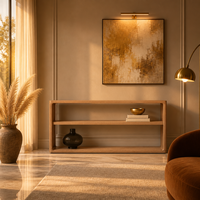 Table console en bois massif artisanal de luxe haut de gamme avec deux compartiments longs et des formes courbes pour le salon ou l'entrée