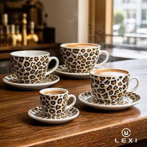 ชุดแก้วกาแฟเซรามิคลายเสือดาวพร้อมจานรอง สำหรับเอสเพรสโซ คาปูชิโน ลาเต้ พร้อมจานรองลายพิมพ์เข้าชุด ด้ามจับสีขาว - Product Image 1