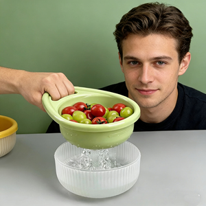 Bacín de Plástico Portátil de Doble Capa para Lavar Frutas y Verduras con Drenaje y Función Antisalpicaduras, Venta al Por Mayor - Product Image 1