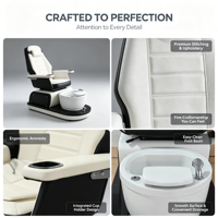 Fauteuil de pédicure de luxe en céramique blanche, station spa pour les pieds à vibrations réglables, cuvette amovible, porte-gobelet, en cuir PU, inclinable pour manucure