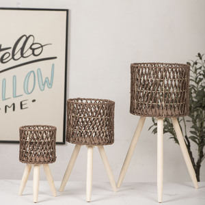 Rattan Woven Flower <b>Pot</b> <b>Stand</b> Wooden Tripod Indoor Plant Holder Nordic Style Circular Design Home Decor - Product Image 1