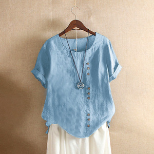 Atasan Linen Wanita Ukuran Besar 5XL Lengan Pendek Model Longgar, Kemeja Terlaris 2024, Blus Santai Kancing Retro Warna Solid untuk Wanita - Product Image 1