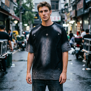 Camiseta Oversize Personalizada para <span class=keywords><strong>Hombre</strong></span>, Estilo Vintage, Lavado Ácido, con Estrellas de Diamantes de Imitación, Manga Corta, Streetwear - Product Image 3