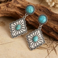 Boucles d'oreilles clous vintage western géométriques en alliage, motif fleur et turquoise, avec breloque diamant et dentelle, pour femme, cadeau, bijoux