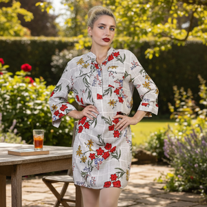 Vestido camisero con estampado de flores para mujer, vestidos informales rojos con estampado Floral Natural para adultos, gasa suelta con cuentas de viscosa para primavera - Product Image 3