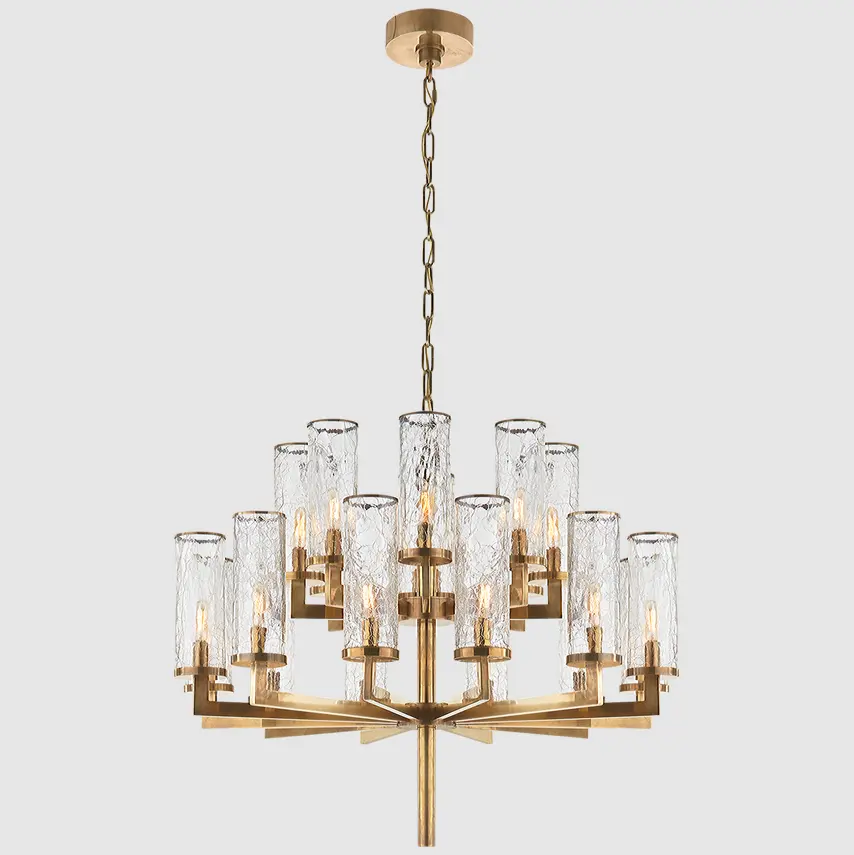 Luminária pendente luxuosa americana moderna e minimalista, cilindro de vidro rachado, lâmpada clássica de cobre para sala de jantar, ideal para sala de estar