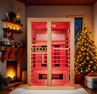 Sauna intérieur de luxe sur mesure à spectre complet pour 2 personnes, en bois de pruche canadien, avec thérapie par lumière rouge