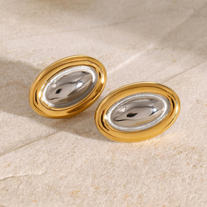 Oval <b>Stud</b> <b>Earrings</b> 18k Gold Stainless Steel Color Blocked Geometric Design Zinc Alloy Fashion Jewelry - Product Image 3