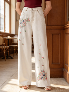 Jeans da <span class=keywords><strong>Donna</strong></span> Bianco Crema a Vita Alta e Gamba Larga, con Ricami Floreali Multicolore Fatti a Mano, Stile Vintage Casual - Product Image 1
