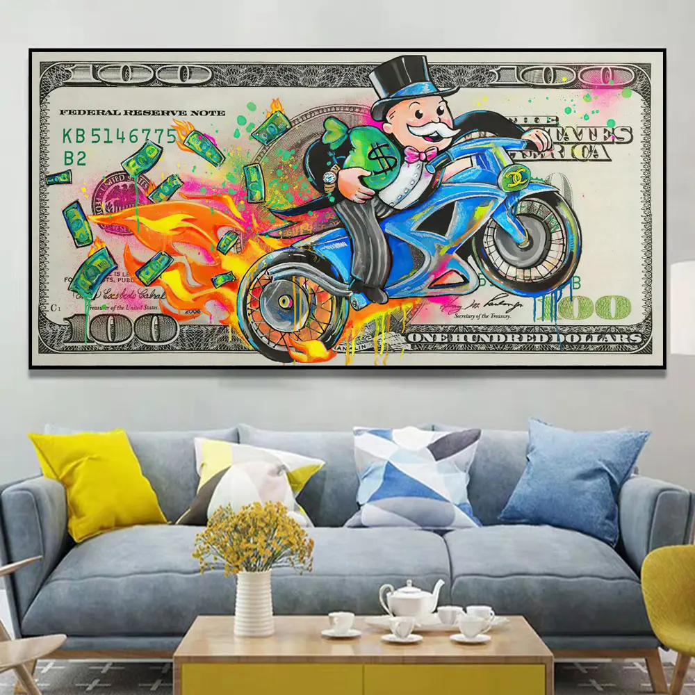 홈 장식 추상 독점 남자 다채로운 100 달러 빌 포스터 그림 캔버스 그림 낙서 팝 벽 아트 돈