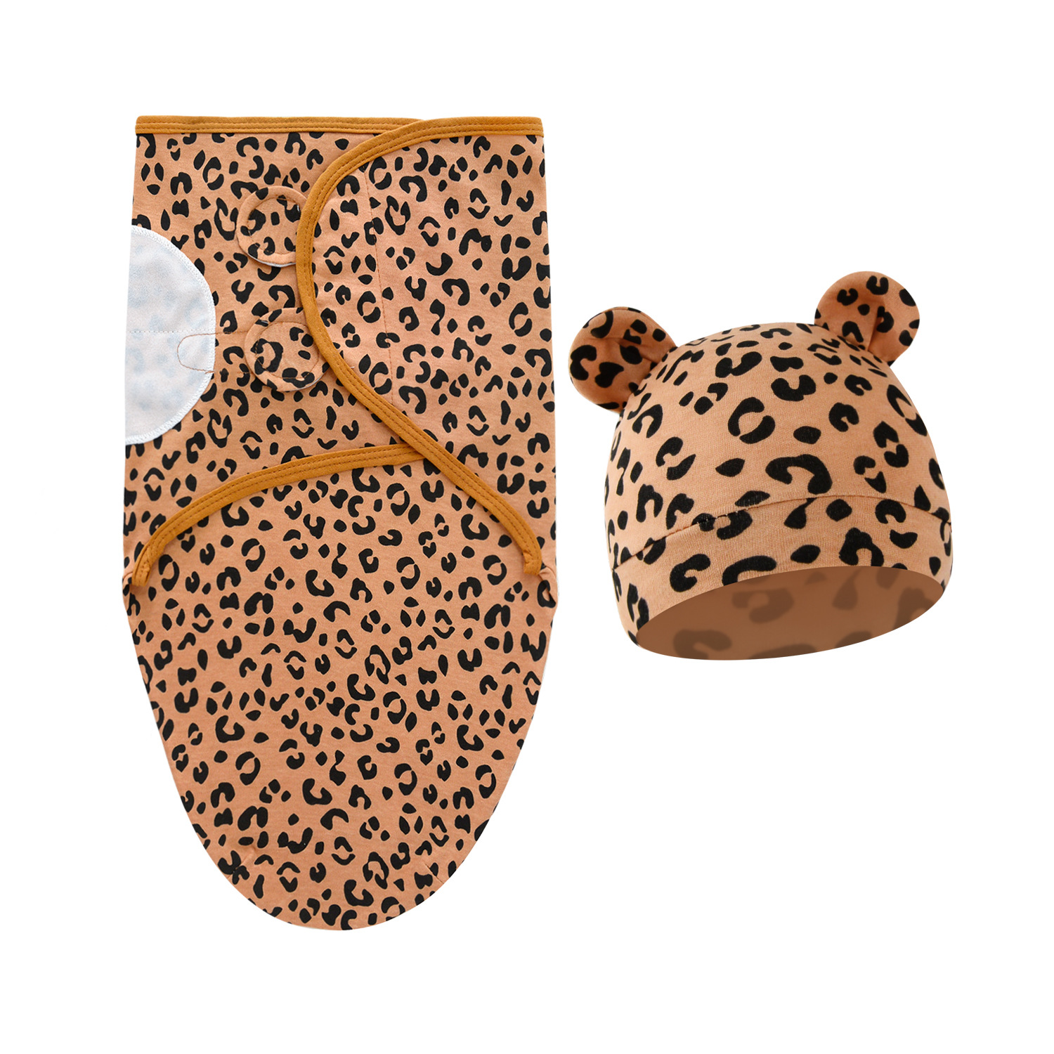 Brown leopard print-swaddle blanket + hat