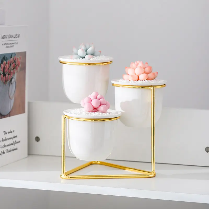 Marmor muster Keramik Blumentöpfe mit Gold Eisenst änder Home Decoration Pflanz gefäße