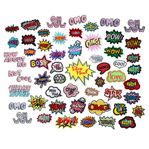Venta caliente Stock a granel Pow Wow Bam Omg Oops diseño hierro en bordado logotipo personalizado parches para ropa - Product Image 1