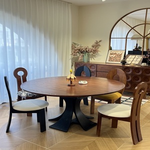 French Retro-style Full <b>Solid</b> <b>Wood</b> Round Dining <b>Table</b>, Black Modern Design, Suitable for Small Family Apartments and Hotels. - Product Image 4