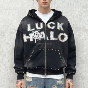Sun Faded Distressed French Terry Double Zipper Hoodie Mens Custom Heavyweight Acid Wash Rhinestone Zip up Hoodie Fabricants - Product Image 1