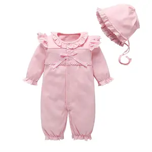 Romper Bayi Perempuan, Romper Katun Lengan Panjang Baru Lahir Warna Pink, Romper Bayi Perempuan Valentine, Romper Bayi Onesie dengan Topi