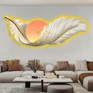 Guanjun Wall Clock Living Room Decor Crystal Painting House Led Wall Art Feather Shape Crystal Porcelain Painting