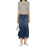 Jupe longue en jean plissée décontractée vintage pour femme avec logo personnalisé, bleu indigo, avec détails de frange et panneau à la taille