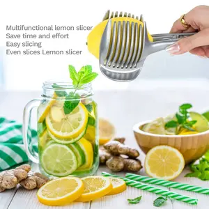 Herramienta de ayuda para cortar de cocina gruesa multifuncional de aleación de aluminio, pinzas redondas para <span class=keywords><strong>frutas</strong></span>, herramientas para cortar <span class=keywords><strong>frutas</strong></span>, soporte para rebanador de tomate y limón - Product Image 5