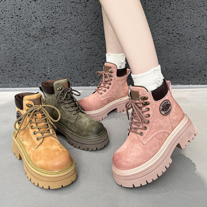 Bottes de combat vintage en daim pour femmes, bottines courtes à lacets et talon épais, chaussures d'extérieur pour l'automne et l'hiver - Product Image 3