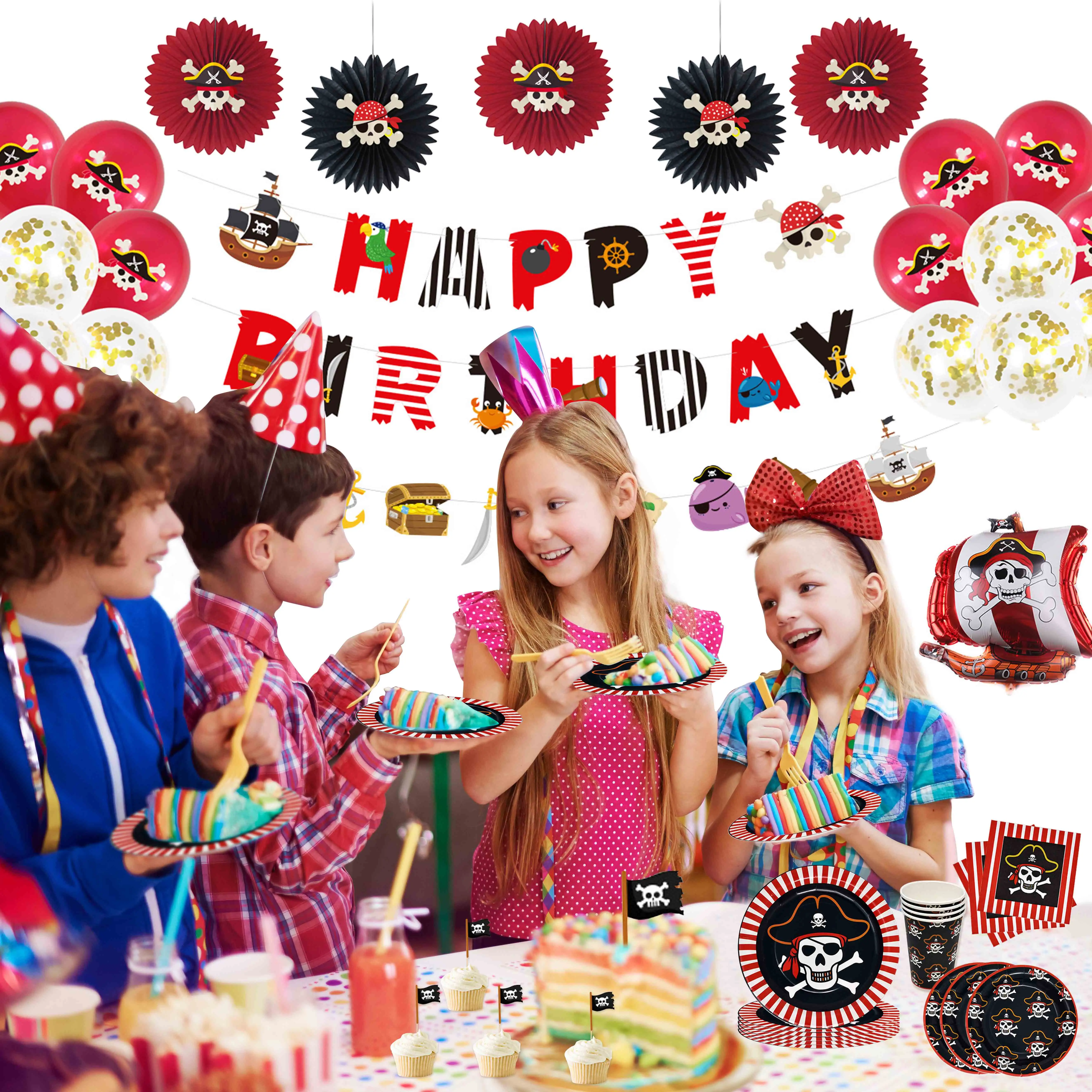 Suministros de fiesta con temática de pirata, cartel de cumpleaños, globo de látex, decoración para pastel, plato de papel, vaso, ventilador, vajilla desechable