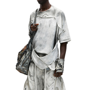 Camiseta Y2K <span class=keywords><strong>Grunge</strong></span> Gris Lavado Desestructurada con Capas, Agujeros Desgastados, Asimétrica, Oversize, para Hombre, Estilo Urbano - Product Image 3