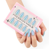 30 faux ongles à presser, courts, en forme d'amande, effet œil de chat bleu aurore, prêts à poser