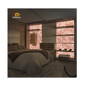 背光粉色水晶壁橱墙板半透明石材玫瑰石英卧室装饰墙