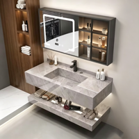 Ensemble de meuble-lavabo de salle de bain moderne de luxe en pierre frittée avec miroir intelligent, meuble-lavabo mural flottant pour appartement et hôtel