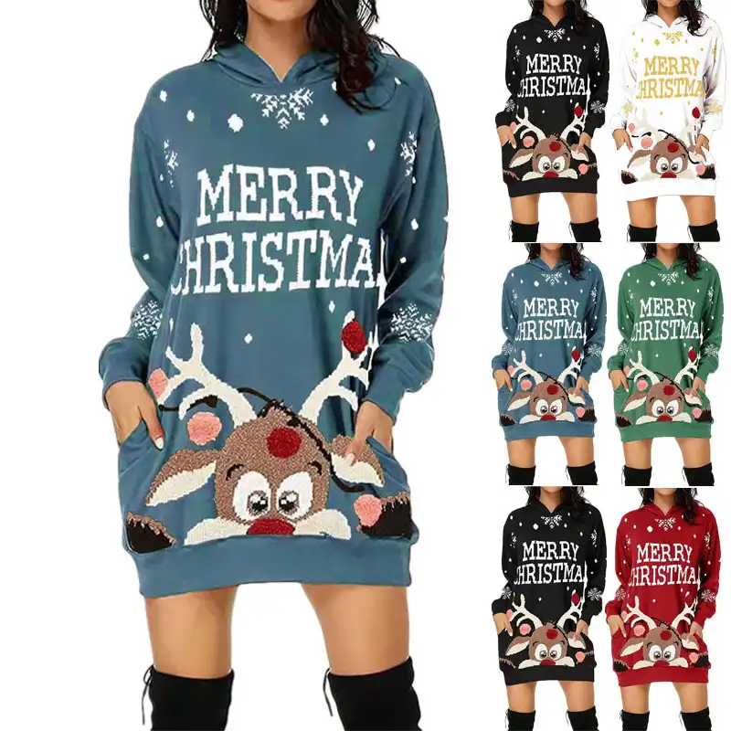 Christmas Printed Long Sleeve Pocket Hooded Sweater Loose Dress Women's Stretch Casual Dress Christmas Atmosphere Dress