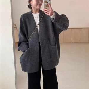 女式时尚优雅平针织V领开衫宽松柔软高端百搭长款防起球毛衣冬季休闲 - Product Image 1