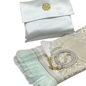 Tapis de prière musulman avec perles et sac en tissu flammé élégant fait à la main lavable doux cadeau islamique pour mariage - Product Image 1